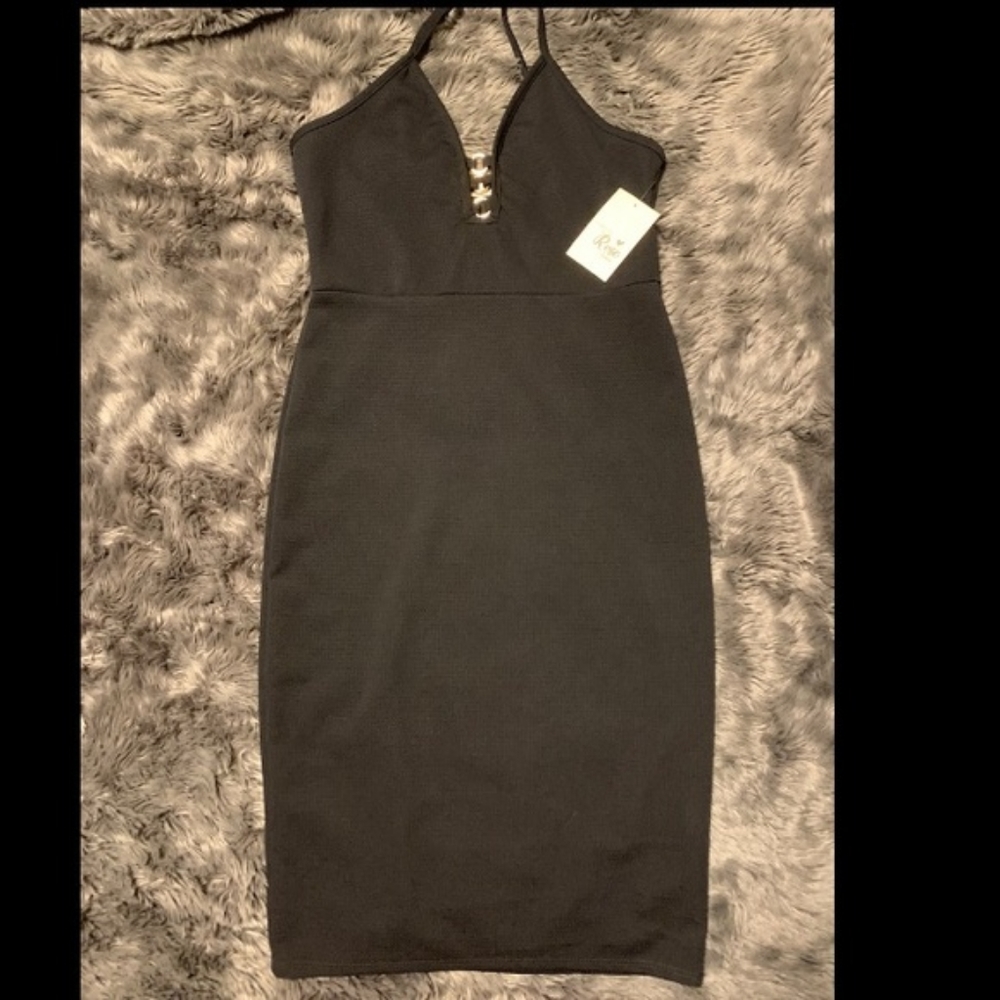 Black Mini Dress with Gold Ring Accents